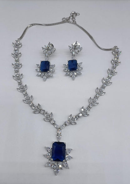 American Diamond CZ Bridal Necklace Set, Leaf Floral Pendant, Matching Earrings