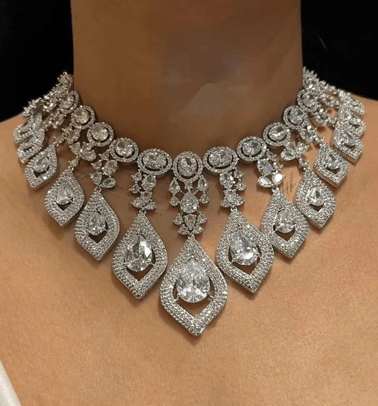 American Diamond Choker Necklace | Teardrop Crystal Bridal Jewelry | Silver Tone Statement Piece