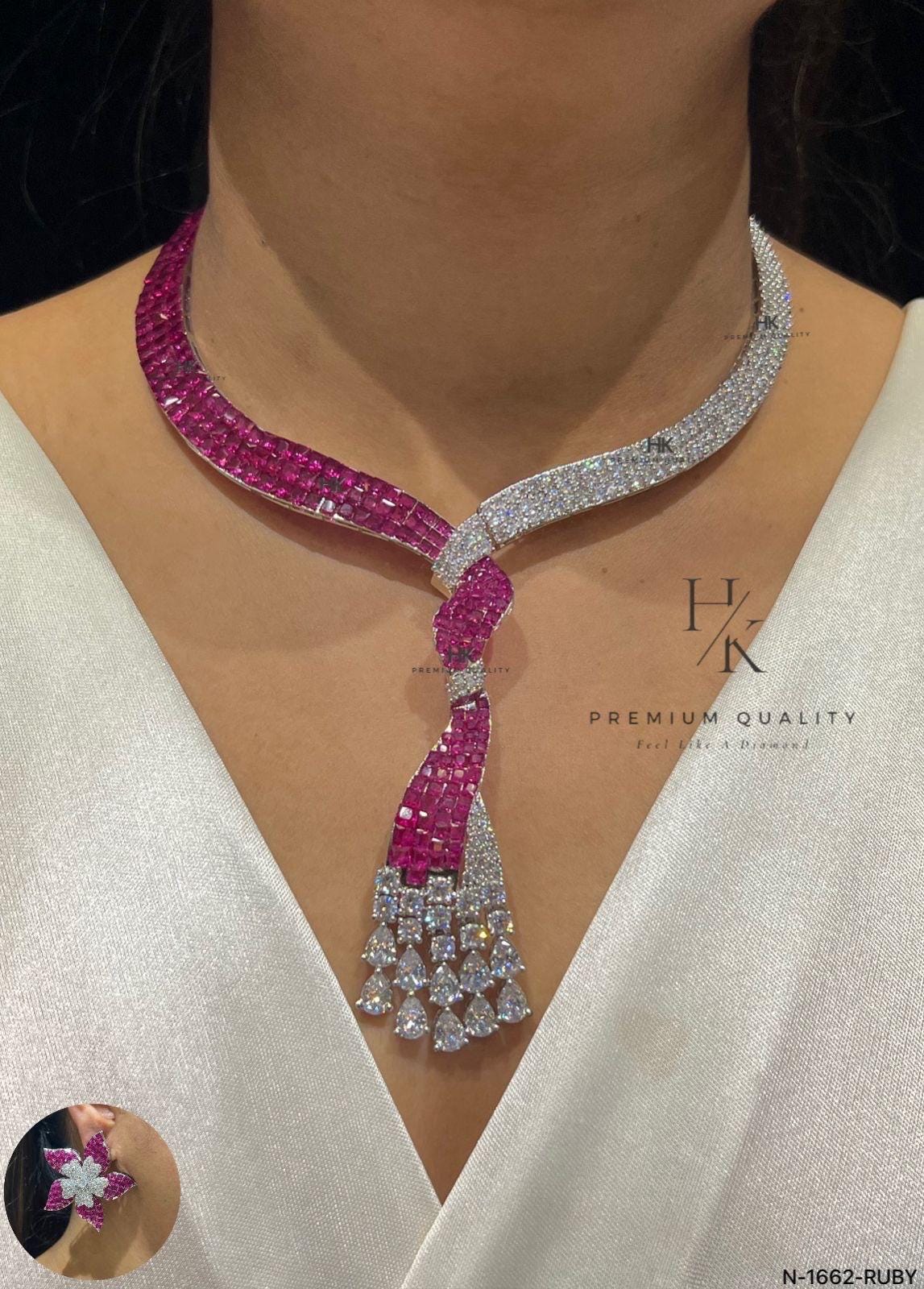 American Diamond Bridal Necklace Set, Two-Tone Y-Style Pendant, CZ Wedding Jewelry