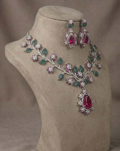 Ruby Red Floral Necklace Set – Bridal Statement Jewelry with Crystal Accents