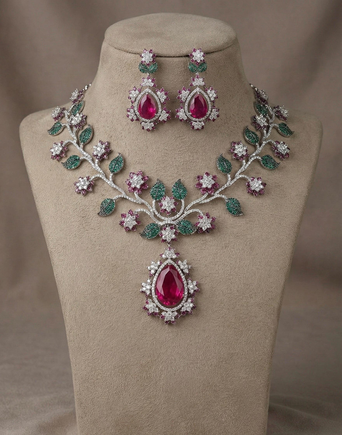 Ruby Red Floral Necklace Set – Bridal Statement Jewelry with Crystal Accents