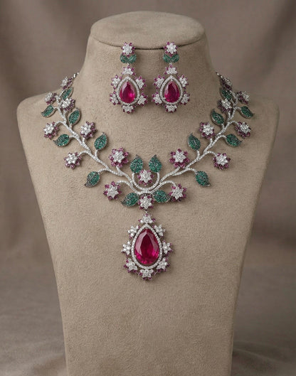 Ruby Red Floral Necklace Set – Bridal Statement Jewelry with Crystal Accents