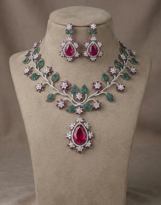 Ruby Red Floral Necklace Set – Bridal Statement Jewelry with Crystal Accents