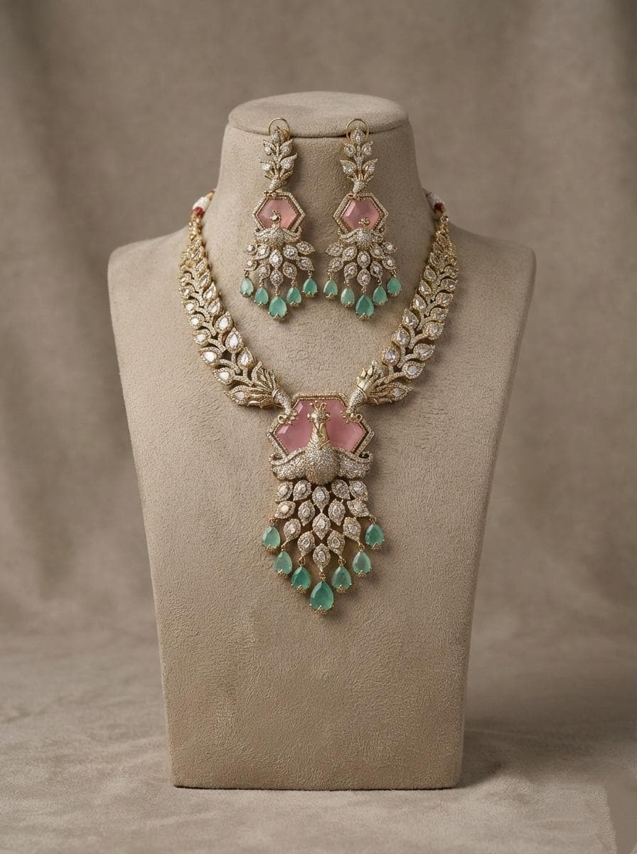 Peacock Kundan Necklace Set | Blush Pink & Mint Green Wedding Jewelry