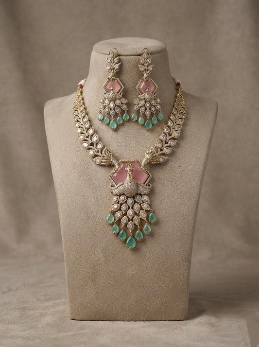 Peacock Kundan Necklace Set | Blush Pink & Mint Green Wedding Jewelry