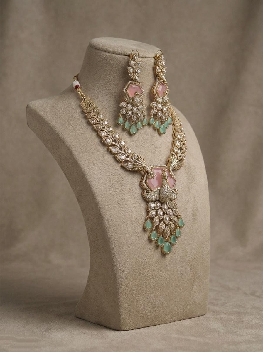 Peacock Kundan Necklace Set | Blush Pink & Mint Green Wedding Jewelry