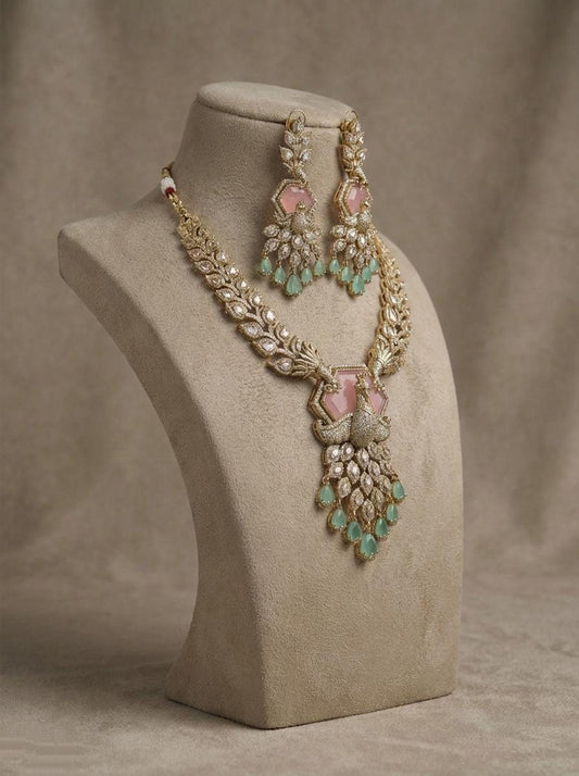 Peacock Kundan Necklace Set | Blush Pink & Mint Green Wedding Jewelry
