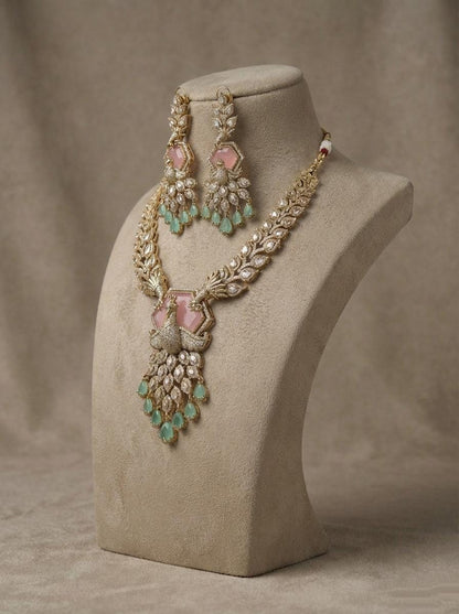 Peacock Kundan Necklace Set | Blush Pink & Mint Green Wedding Jewelry