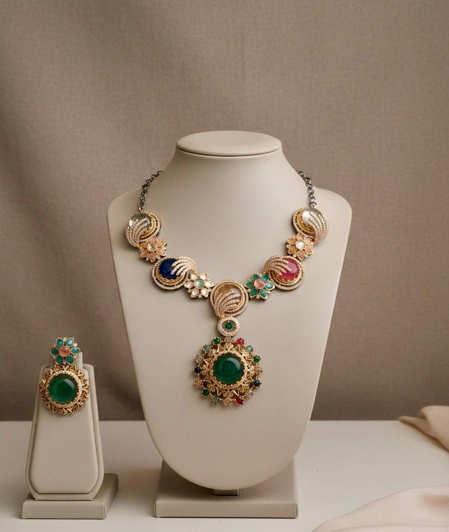 Indian Bridal Kundan Necklace Set, Statement Pendant, Matching Earrings
