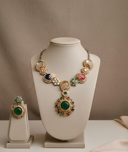 Indian Bridal Kundan Necklace Set, Statement Pendant, Matching Earrings