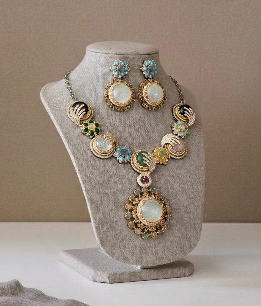 Indian Bridal Kundan Necklace Set, Statement Pendant, Matching Earrings