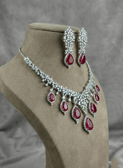 Crystal Teardrop Necklace Set – Red Stone Bridal Jewelry