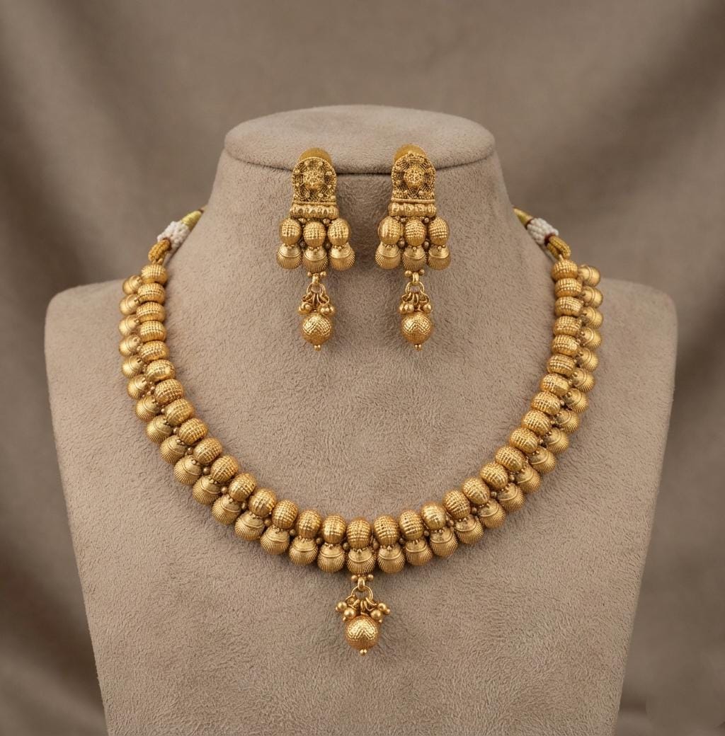 1 Gram Gold Polish Traditional Beaded Necklace Set | Traditional Indian Bridal Jewelry