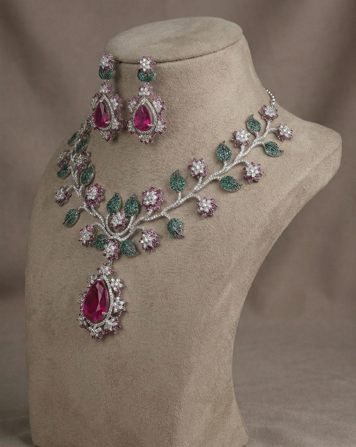 Ruby Red Floral Necklace Set – Bridal Statement Jewelry with Crystal Accents