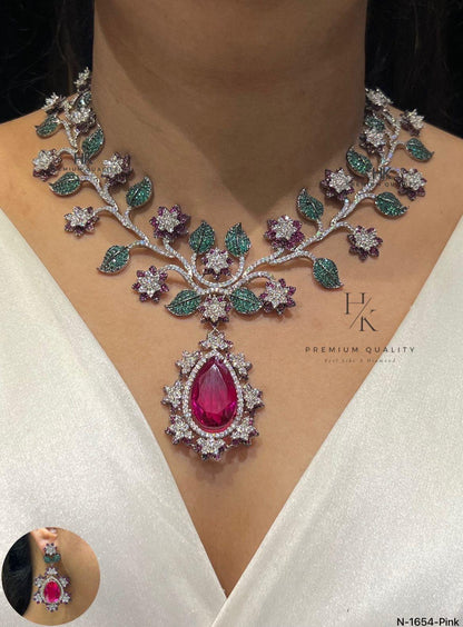 Ruby Red Floral Necklace Set – Bridal Statement Jewelry with Crystal Accents