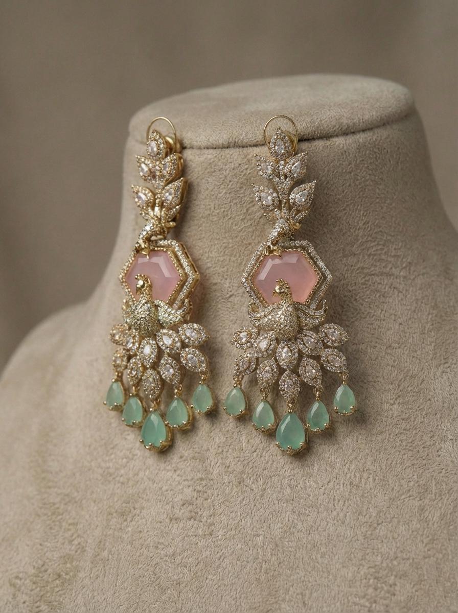 Peacock Kundan Necklace Set | Blush Pink & Mint Green Wedding Jewelry