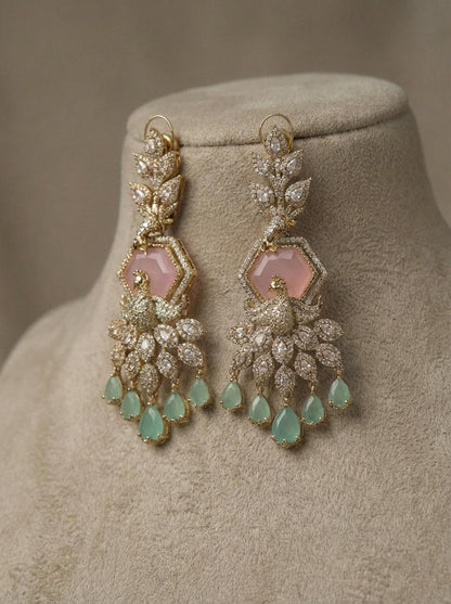 Peacock Kundan Necklace Set | Blush Pink & Mint Green Wedding Jewelry