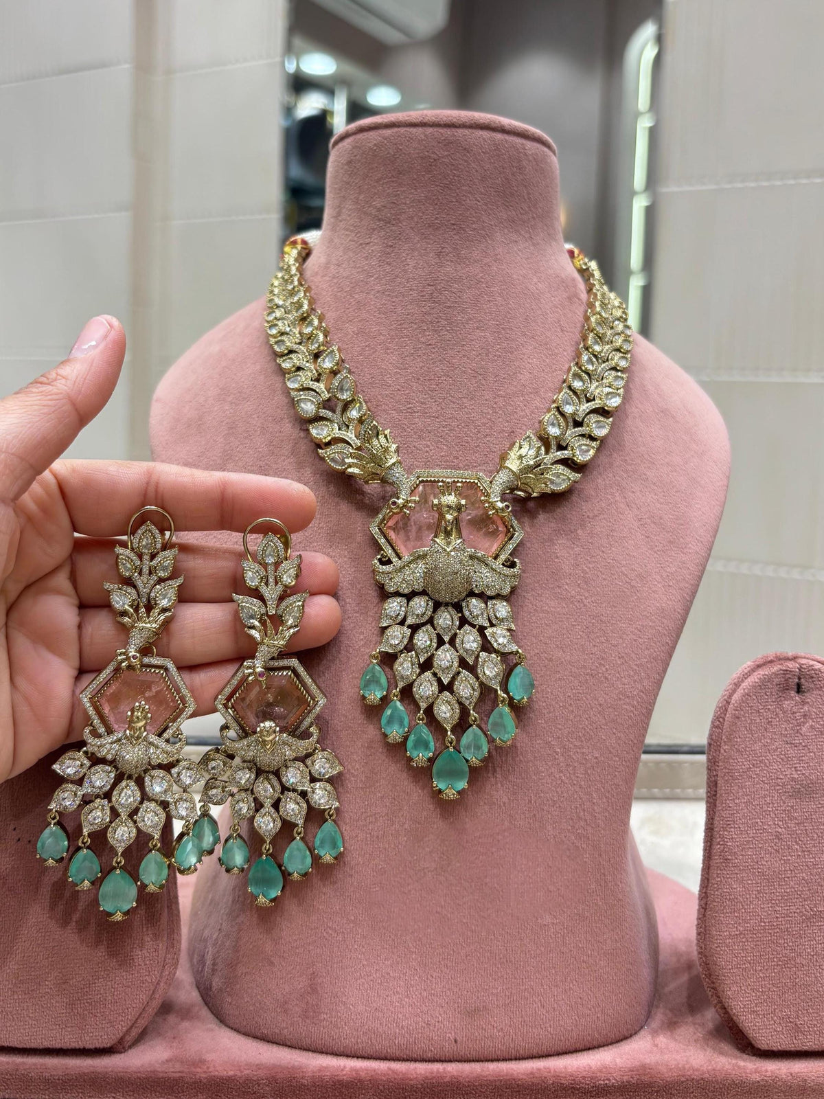 Peacock Kundan Necklace Set | Blush Pink & Mint Green Wedding Jewelry