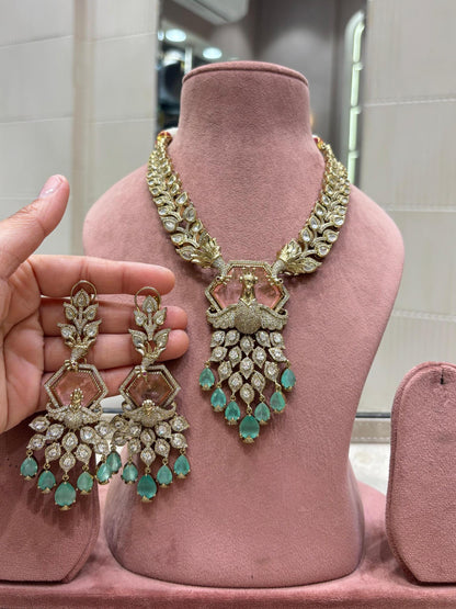 Peacock Kundan Necklace Set | Blush Pink & Mint Green Wedding Jewelry