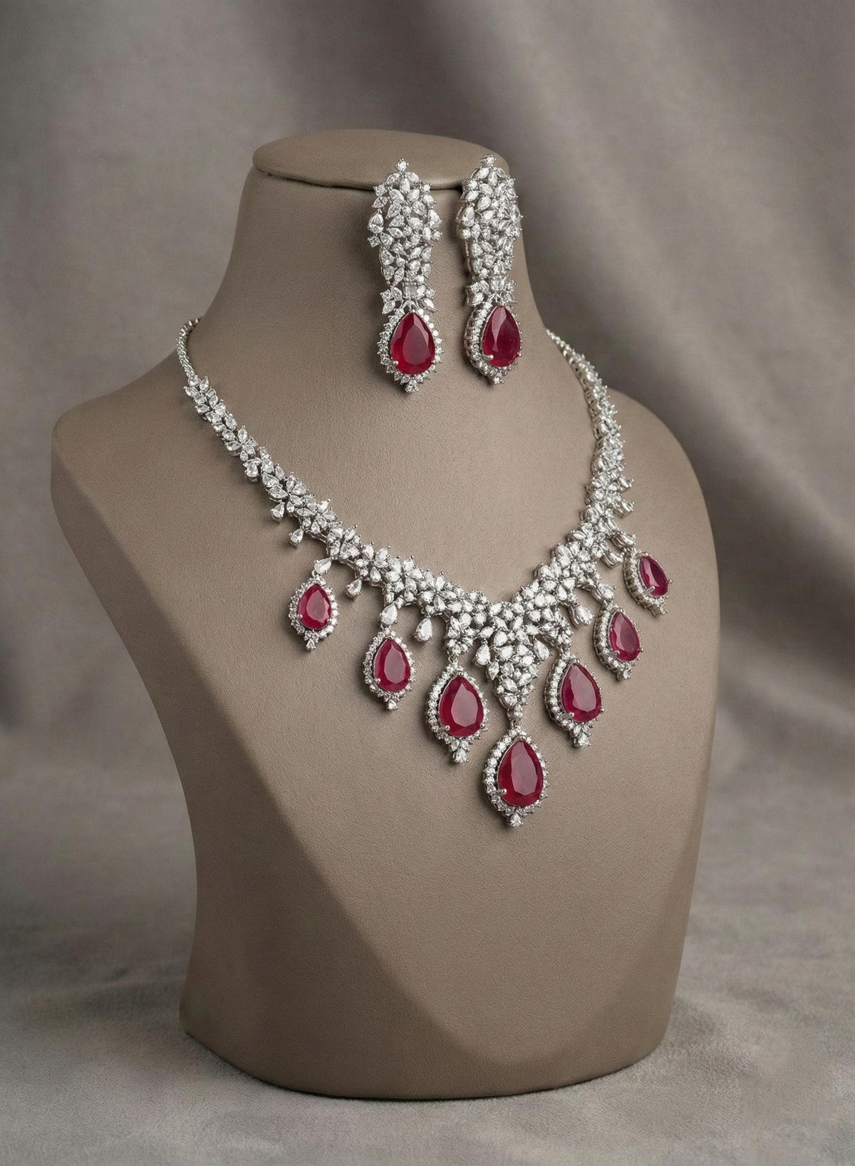 Crystal Teardrop Necklace Set – Red Stone Bridal Jewelry
