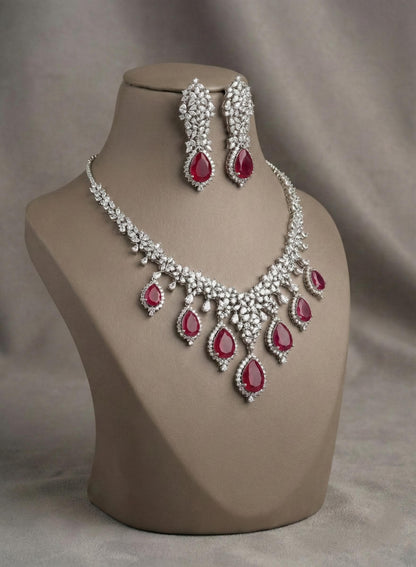 Crystal Teardrop Necklace Set – Red Stone Bridal Jewelry