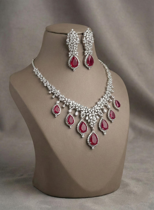 Crystal Teardrop Necklace Set – Red Stone Bridal Jewelry