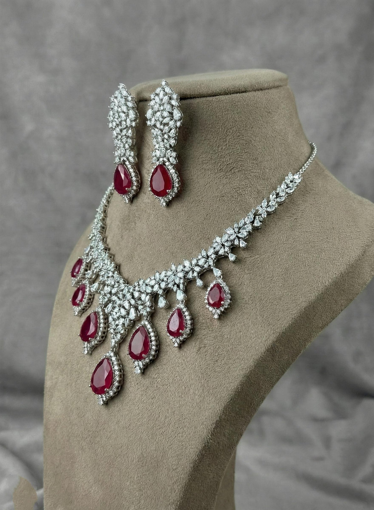 Crystal Teardrop Necklace Set – Red Stone Bridal Jewelry