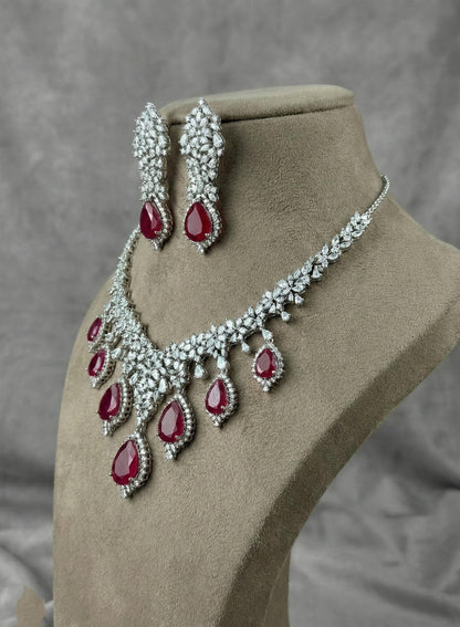 Crystal Teardrop Necklace Set – Red Stone Bridal Jewelry
