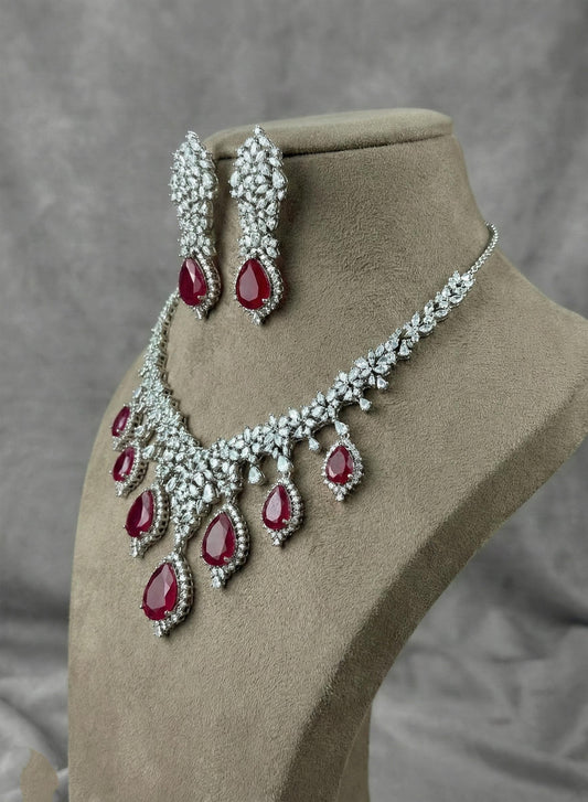 Crystal Teardrop Necklace Set – Red Stone Bridal Jewelry
