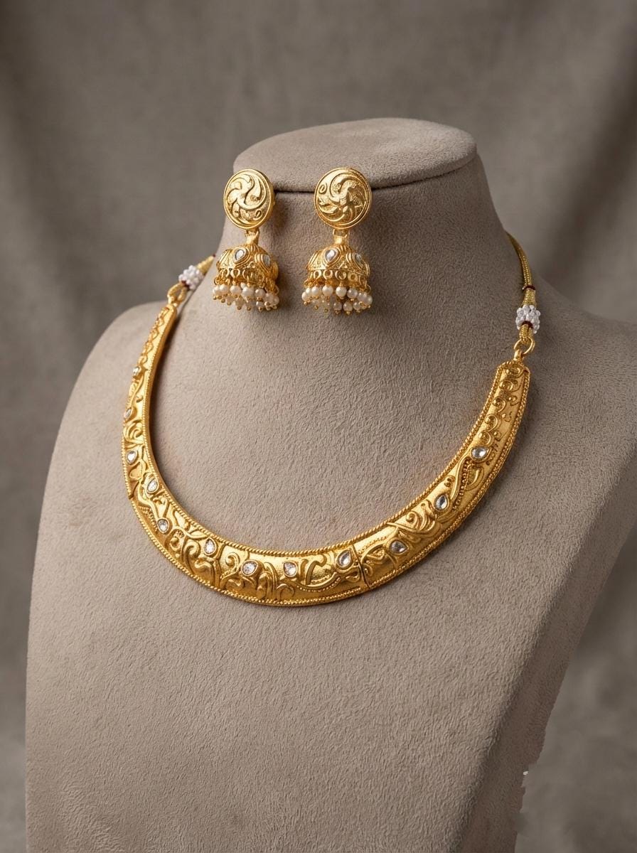 Antique Gold Plated Hasli Necklace Set with Jhumki Earrings | Traditional Indian Bridal Jewelry