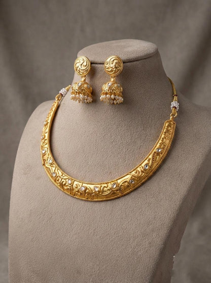 Antique Gold Plated Hasli Necklace Set with Jhumki Earrings | Traditional Indian Bridal Jewelry