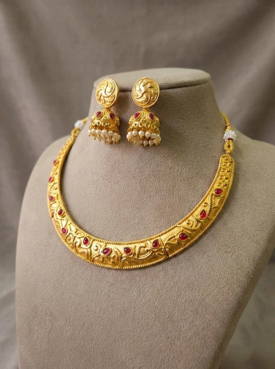Antique Gold Plated Hasli Necklace Set with Jhumki Earrings | Traditional Indian Bridal Jewelry