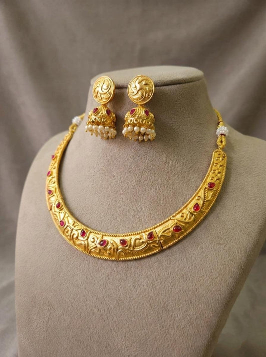 Antique Gold Plated Hasli Necklace Set with Jhumki Earrings | Traditional Indian Bridal Jewelry