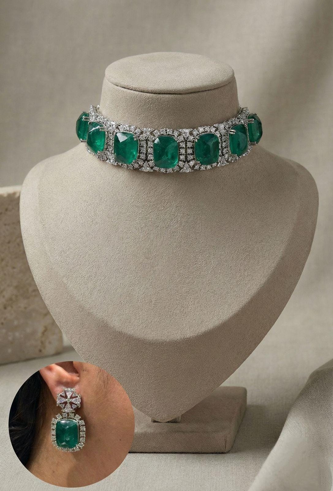 Emerald Green Statement Choker Necklace Set with Matching Earrings – Luxury Bridal & Party Jewelry