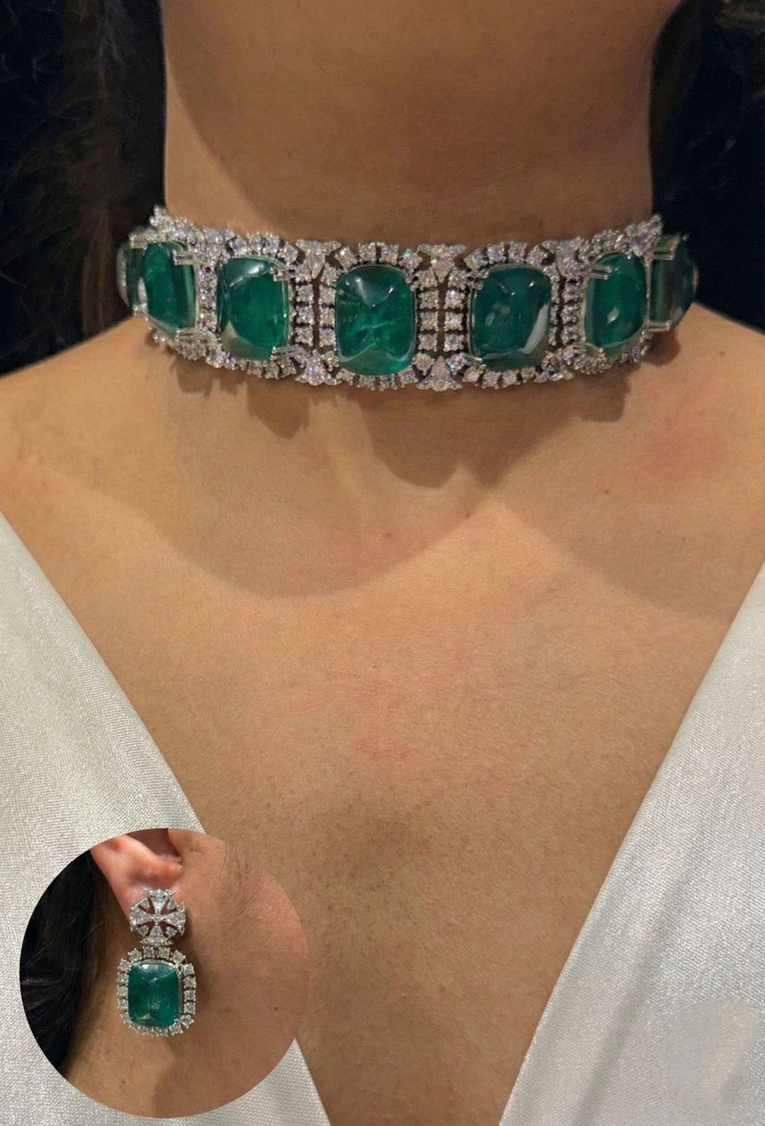 Emerald Green Statement Choker Necklace Set with Matching Earrings – Luxury Bridal & Party Jewelry