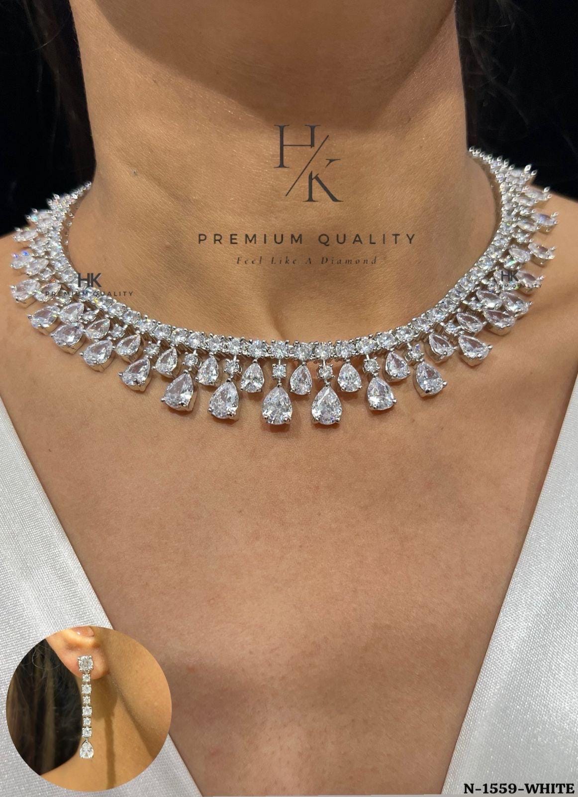 CZ Tennis Choker Necklace and Drop Earrings Set, Bridal Statement Jewelry