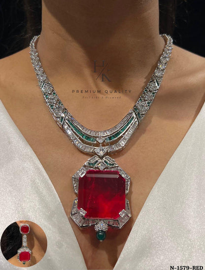 American Diamond Doublet Pendant Set: CZ Earrings, Party Jewelry