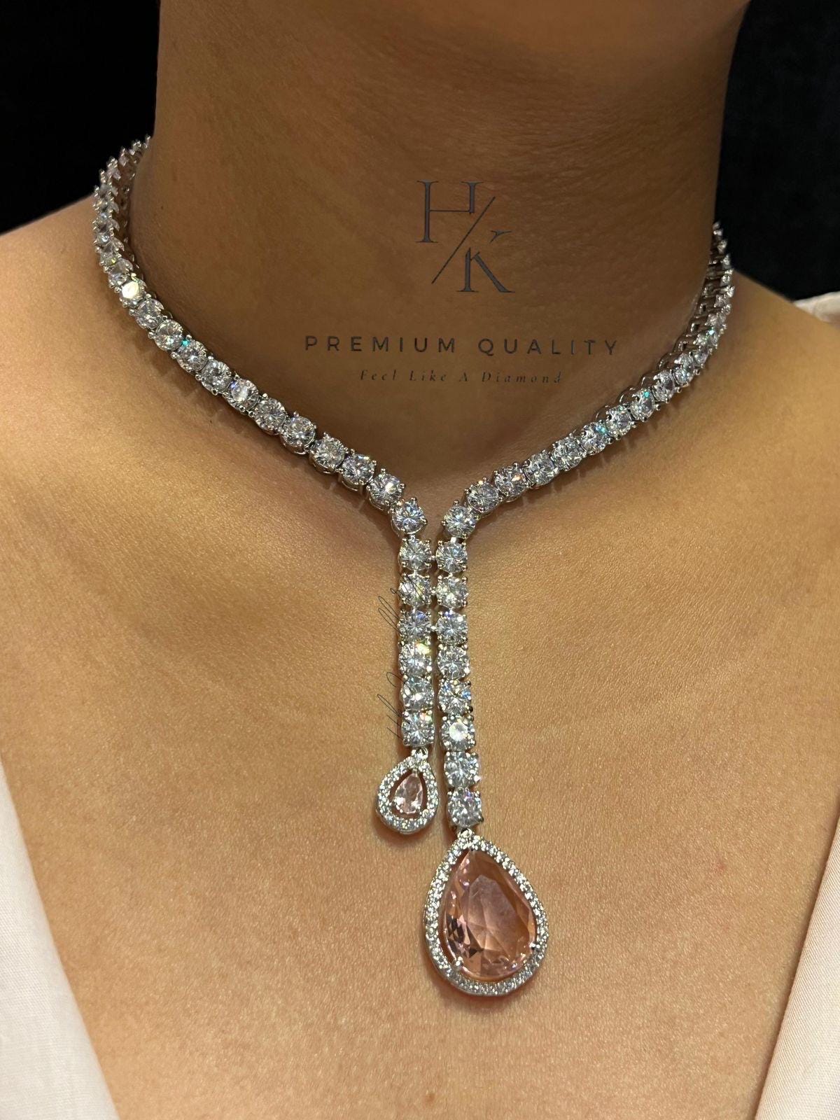 Crystal Tennis Necklace, Peach Teardrop Pendant, Bridal Y Drop Statement Jewelry