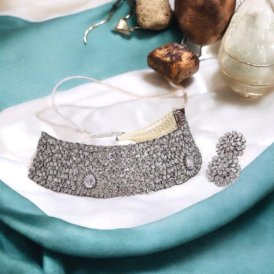 Diamond Look Bridal Choker Necklace Set, Crystal Floral Wedding Jewelry
