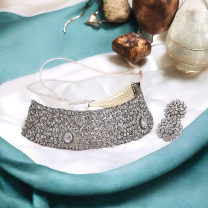 Diamond Look Bridal Choker Necklace Set, Crystal Floral Wedding Jewelry