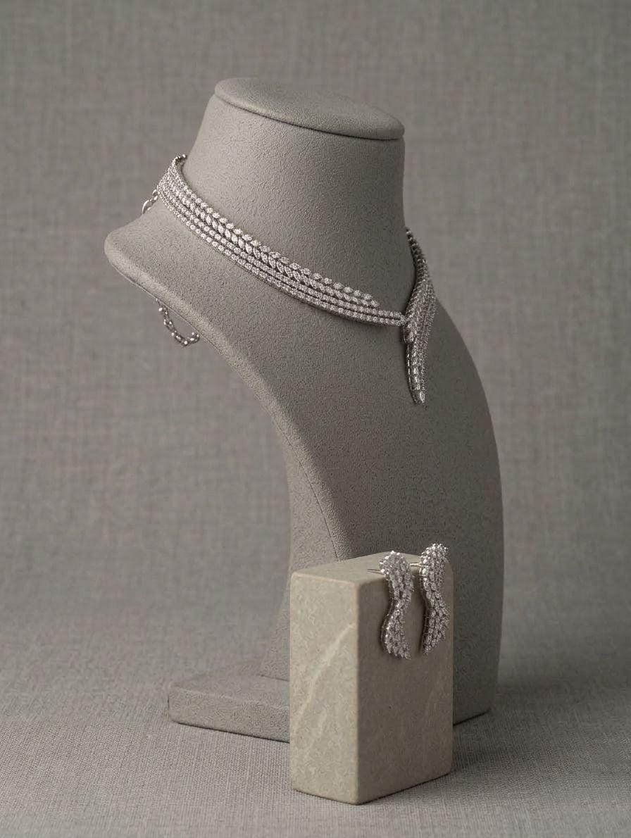 American Diamond Choker Necklace Set, Bridal Crystal Statement Party Jewelry