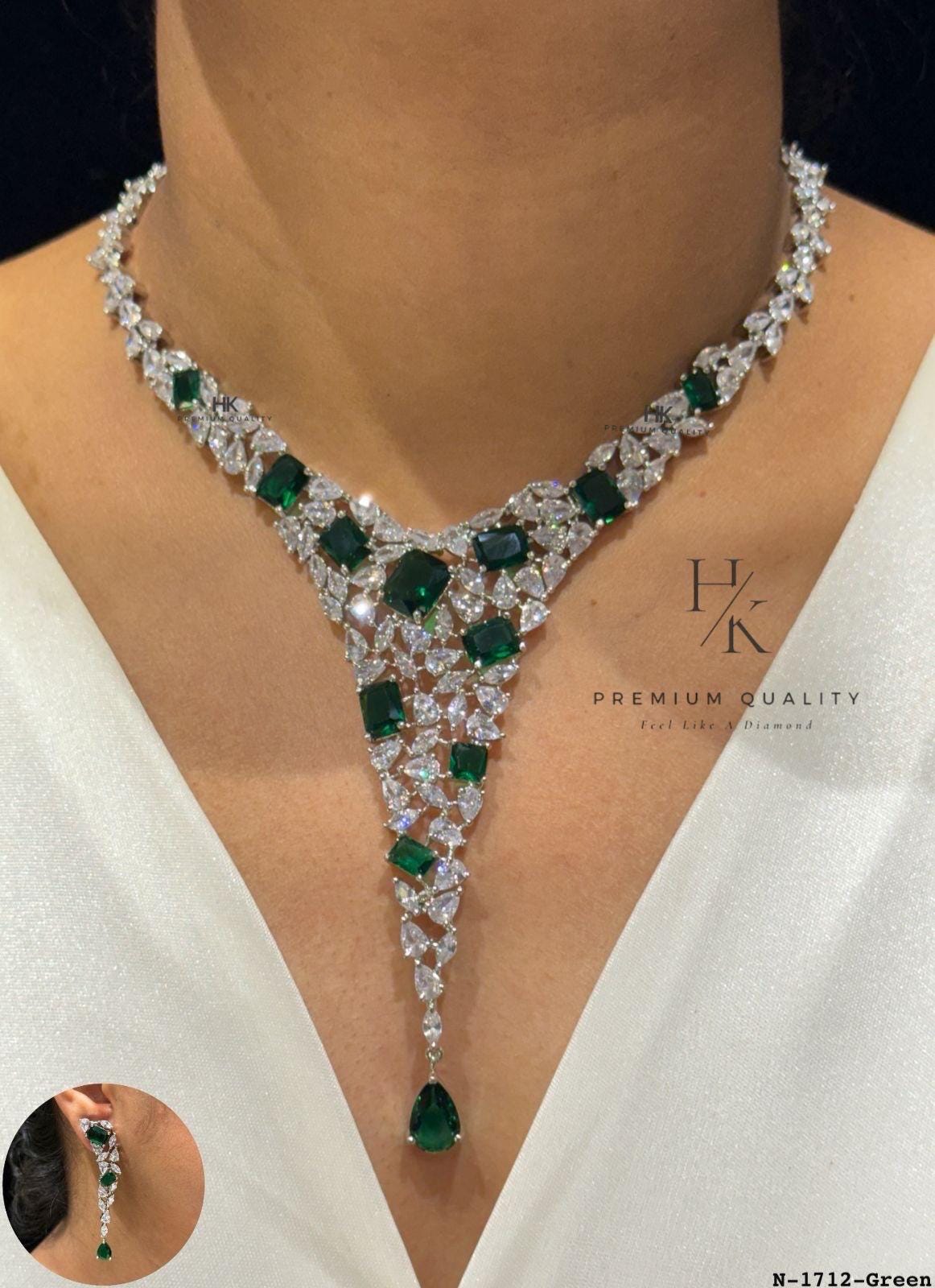 American Diamond Bridal Necklace Set, Crystal Statement Wedding Jewelry, Elegant Drop Earrings