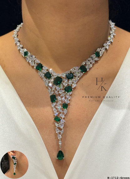 American Diamond Bridal Necklace Set, Crystal Statement Wedding Jewelry, Elegant Drop Earrings