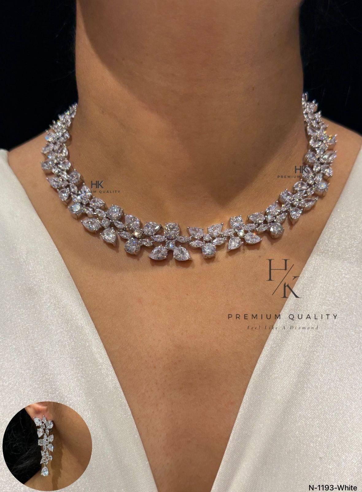Floral American Diamond Necklace Set, Crystal Bridal Jewelry, Wedding Earrings, Silver Tone Flower Statement