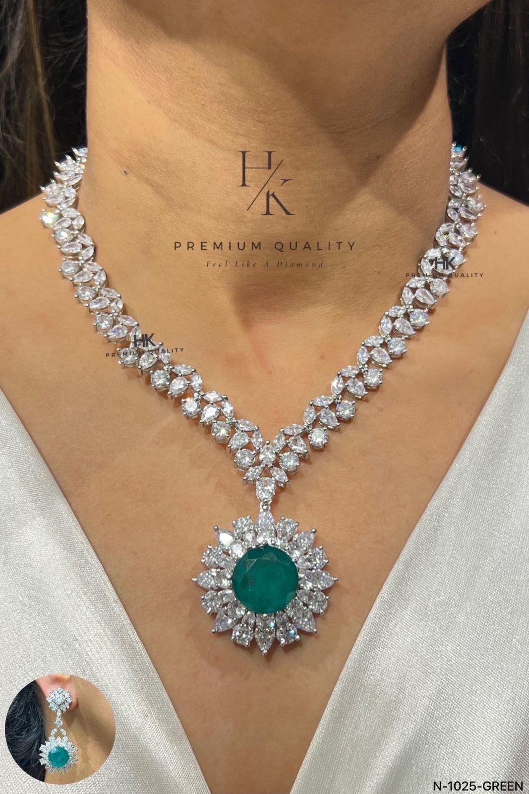 Emerald Green CZ Necklace Set, Bridal Statement Jewelry, American Diamond Pendant Earrings
