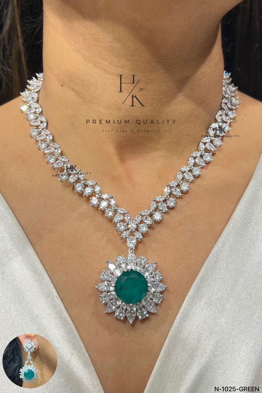 Emerald Green CZ Necklace Set, Bridal Statement Jewelry, American Diamond Pendant Earrings