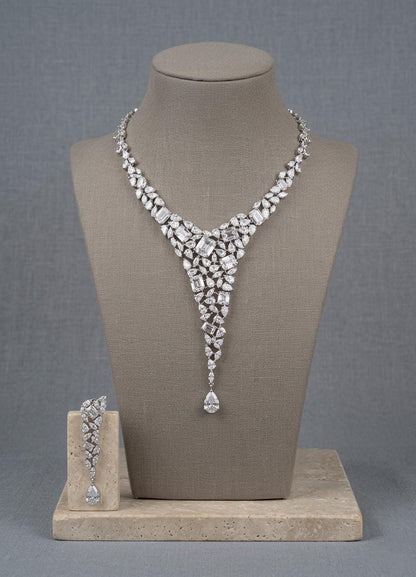 American Diamond Bridal Necklace Set, Crystal Statement Wedding Jewelry, Elegant Drop Earrings