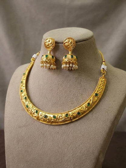 Antique Gold Plated Hasli Necklace Set with Jhumki Earrings | Traditional Indian Bridal Jewelry