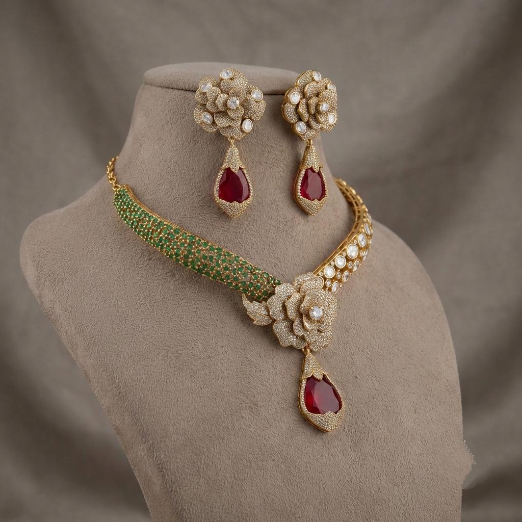 Indian Bridal Kundan Necklace Set | Ruby Red Moissanite Floral Statement Jewelry