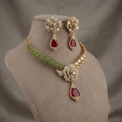 Indian Bridal Kundan Necklace Set | Ruby Red Moissanite Floral Statement Jewelry